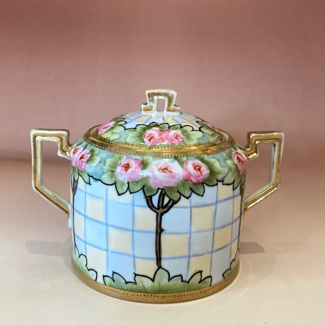 上質で快適オールドノリタケ 格子文様 薔薇絵 蓋物金盛上 蓋物