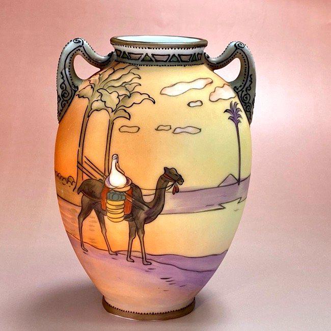 【CM317】オールドノリタケ ラクダ 花瓶 高24.7cm 金盛 明治 花器 ノリタケ オールドノリタケ 盛上装飾 エジプト風景文 双耳花瓶 マン