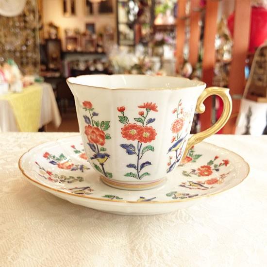 賞美堂 マイセン写し 色絵 草花文 コーヒー碗皿 カップ＆ソーサー 草花