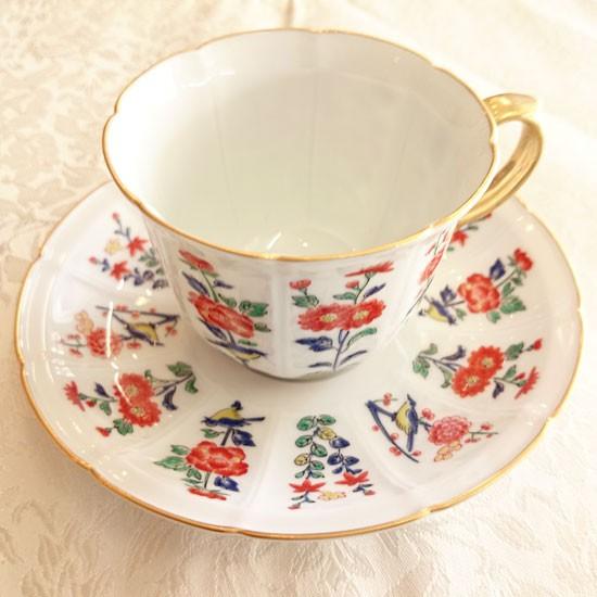 賞美堂 マイセン写し 色絵 草花文 コーヒー碗皿 カップ＆ソーサー 草花