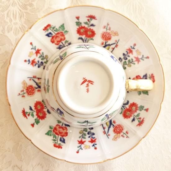 賞美堂 マイセン写し 色絵 草花文 コーヒー碗皿 カップ＆ソーサー 草花
