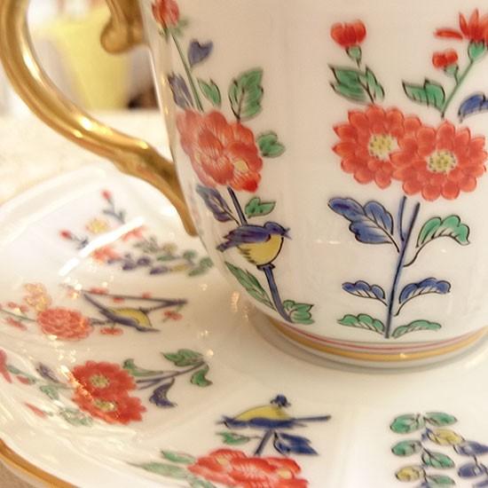 賞美堂 マイセン写し 色絵 草花文 コーヒー碗皿 カップ＆ソーサー 草花