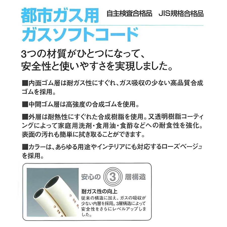 ガスコード 3m 都市ガス用 新ガスソフトコード 内径9.5mm （ バンド付き 都市ガス専用 ゴム管 ガス用ゴム管 ガス用コード ガステーブル ガスソフトコード ）｜livingut｜02