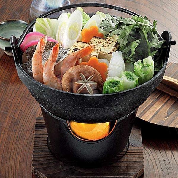 まとめ売り未使用品 懐石鍋セット5点セットいろり鍋 16cm + 丸型コンロ 木台  付 いろり鍋 コンロセット 16cm 木蓋・敷板付き IH対応 鉄製