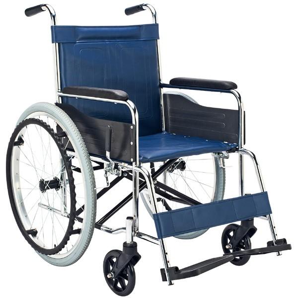 車いす スチール製 自走式 背固定 紺（ビニールレザーシート） 座面幅