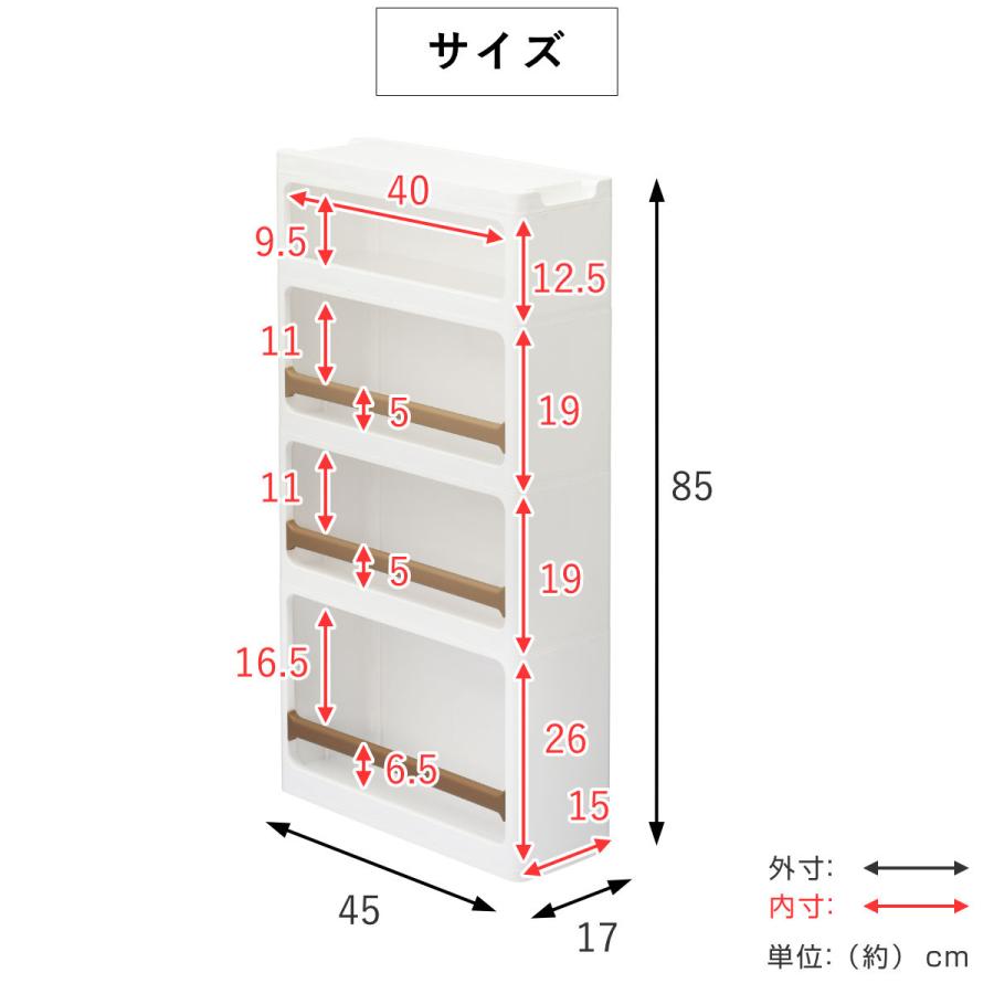 隙間収納 ストランティ ラックA 4段 17cm プラスチック製 コロ付き 完成品 （ キッチン 収納 すき間収納 ラック 隙間 キッチン収納 ）｜livingut｜09