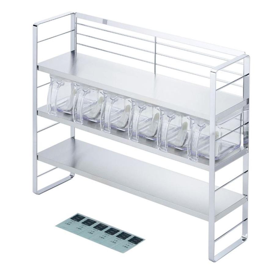 ステンレス棚スパイスラック　ワイド・ポット6個付き コンロ脇で使えるステンレス棚スパイスラック（調味料ポット6個