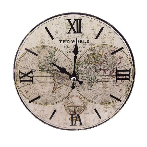 掛け時計 置き時計 卓上ガラス時計 ROUND 17cm World Map 世界地図