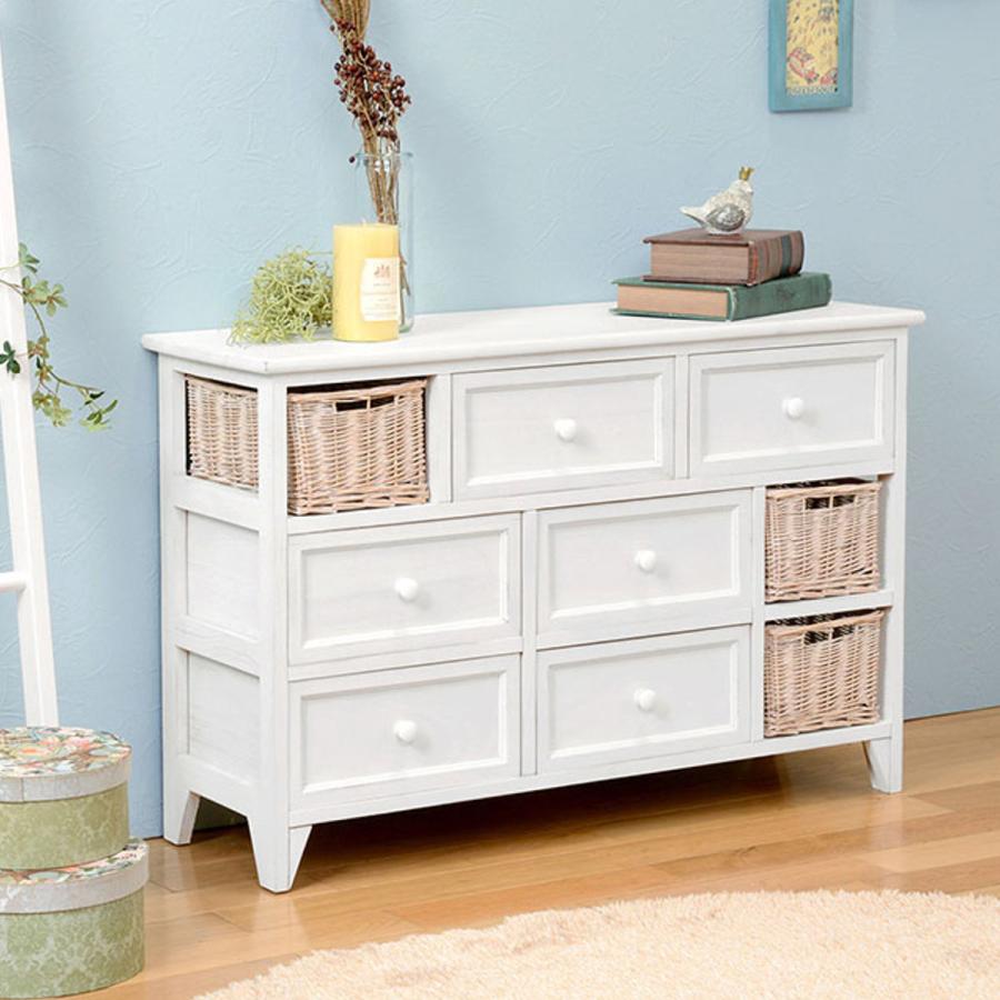 HAGiHARA（萩原） ローチェスト 幅90cm 3段 カゴ付 完成品 天然木 桐製