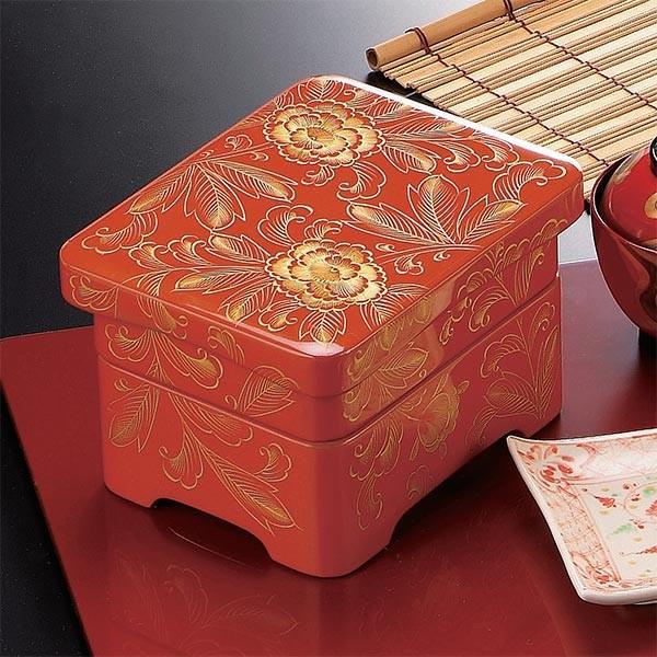 重箱 木製 殿様足付丼重 2段 洗朱内朱沈金牡丹 食器 越前漆器 漆塗