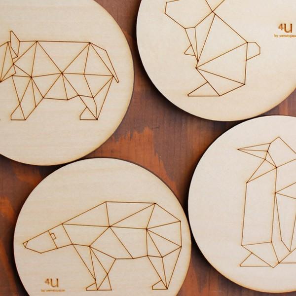 コースター 木製 動物 折り紙 コップ敷き 日本製 （ プレート 敷き 木