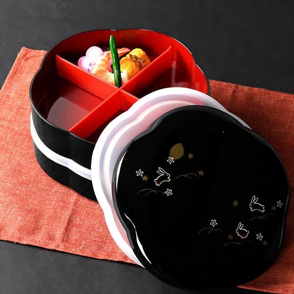 黒赤の5仕切り弁当箱 お弁当箱 6.5梅型オードブル 黒 夢うさぎ シール蓋付 1800ml （ お重