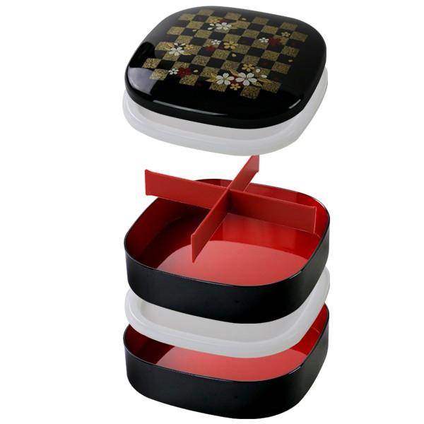 お弁当箱 6.5くつわ型オードブル 黒 市松さくら シール蓋付 1800ml