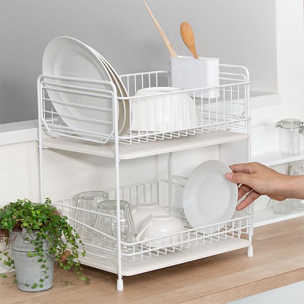 パール金属 水切りかご 2段 珪藻土プレート カトラリーポケット付き