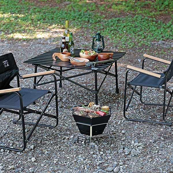 値下げ！BBQバーベキューコンロ(キャプテンスタッグ)+テーブル+イス2個セット パール金属 コンロ バーベキュー ステンレスファイアグリルM