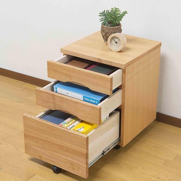 デスクワゴン キャスター付 幅42×奥行43cm タモ サイドワゴン 引き出し