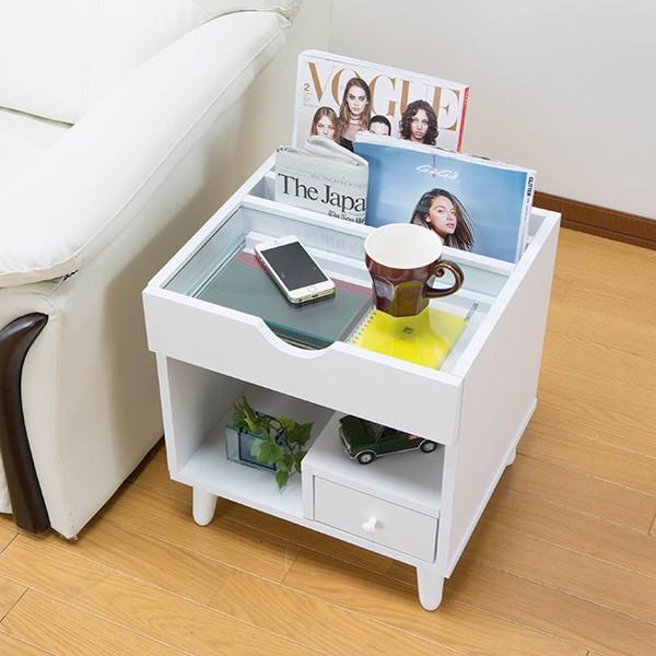 unico ガラス天板　おしゃれ　サイドテーブル　マガジンラック　見せる収納 サイドテーブル 幅40cm コスメボックス ガラス天板 コンパクト コスメ