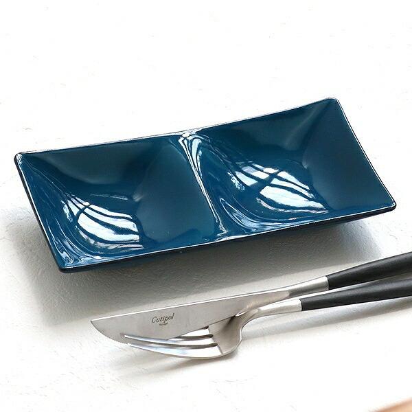 仕切り皿 17cm 藍彩 プラスチック ツープレート 皿 食器 山中塗り 日本製 （ 食洗機対応 電子レンジ対応 薬味皿 仕切り 角 ）｜livingut