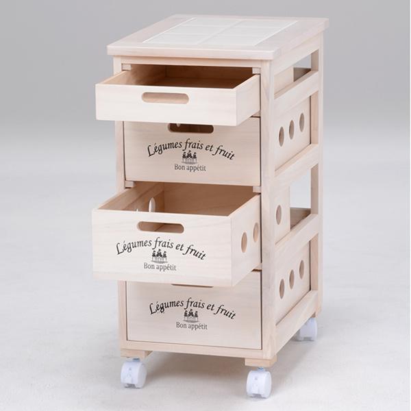 収納ストッカー 4段 タイルトップ 桐製 キャスター付 幅30cm