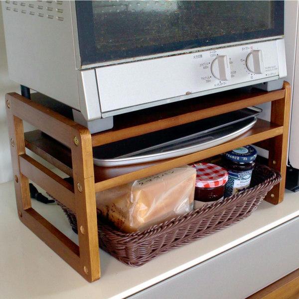 トースターラック 洗えるバスケット付き 家電下ラック 木製
