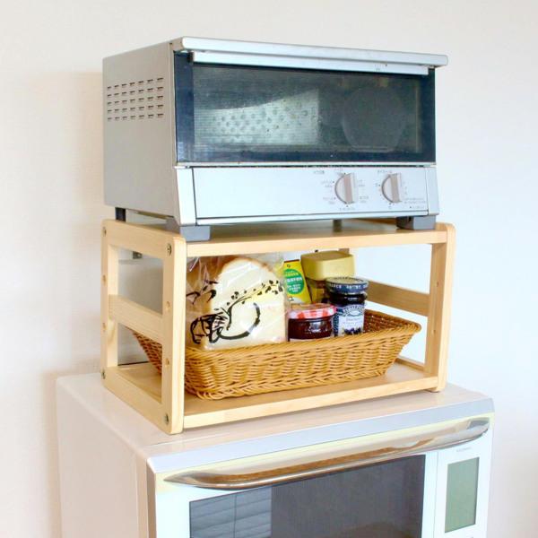 トースターラック 洗えるバスケット付き 家電下ラック 木製