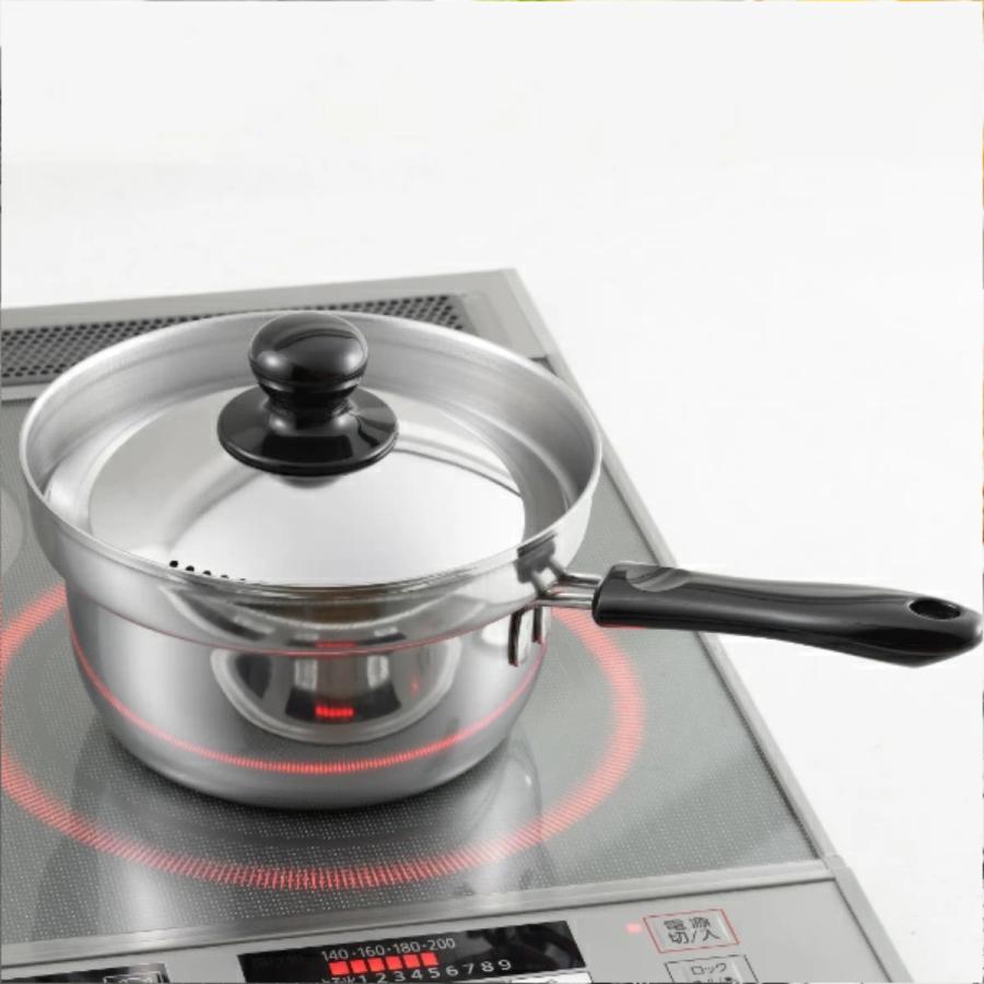 ヨシカワ 片手鍋 16cm IH対応 湯切り穴 蓋付き くるめん亭 ふきこぼれ