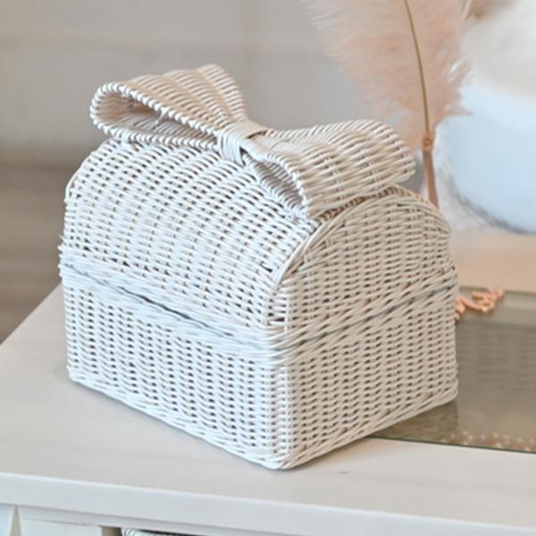 籐 小物入れバスケット フタ付 リボン持ち手 fiore 幅19cm