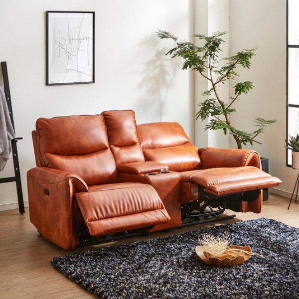 ブラウン 合成皮革 2人掛けソファ カップホルダー付き 電動