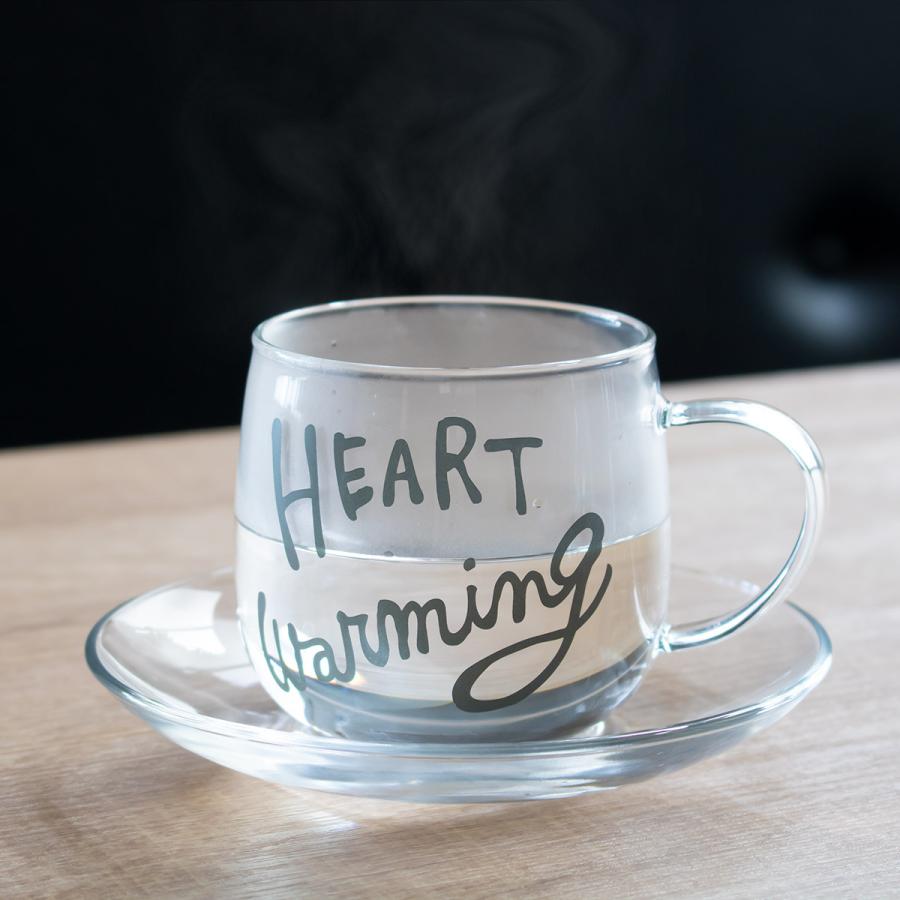 カップ＆ソーサー 250ml HEART Warming 耐熱ガラス 同色4個