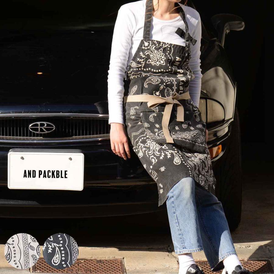 エプロン 綿100％ ポケット付き ペイズリー柄 バーティカルロゴ