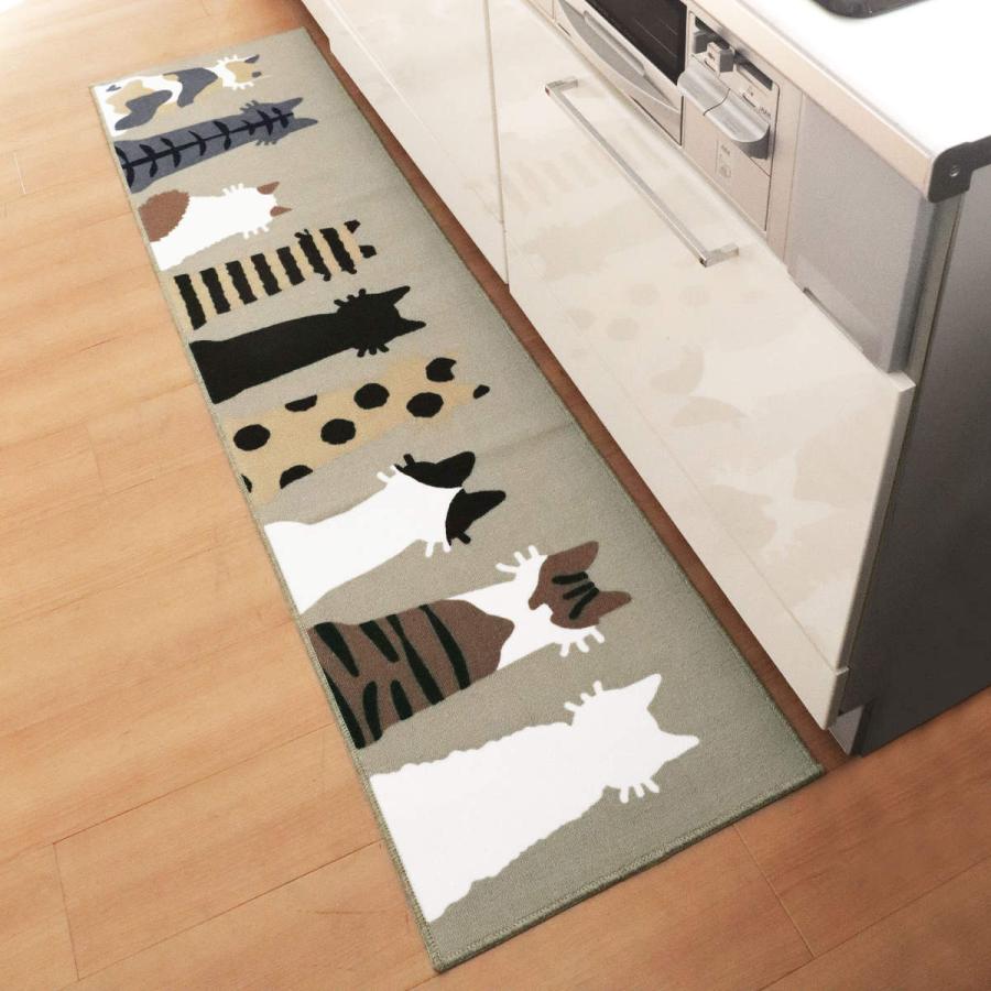 オカトー キッチンマット 45×180cm リーフ柄 ネコ柄 （ ミーサ 45cm