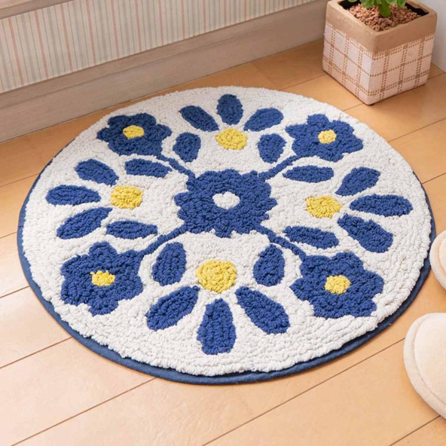 玄関マット　花柄刺繍ネイビーブルー　ラグ 玄関マット 花柄刺繍ネイビーブルー ラグ その他