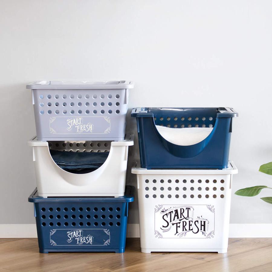 青と黄色の収納バスケット 平和工業 収納バスケット スタッキングバスケット浅型 前開き 同色3個