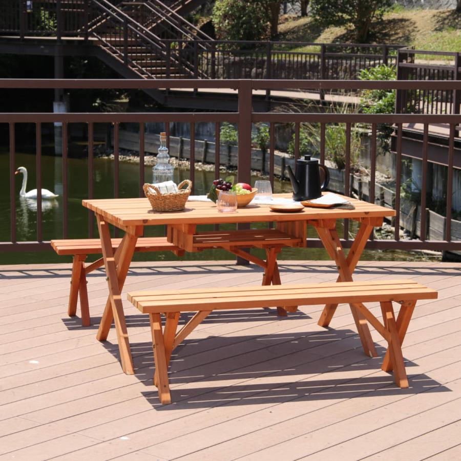 不二貿易 ガーデンテーブル 3点セット 杉材 BBQテーブル&ベンチ 不二貿易 ガーデンテーブル 3点セット 杉材 BBQテーブル&ベンチ