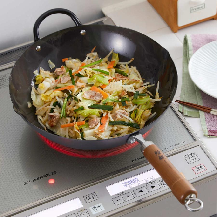 中華鍋 片手 フライパン 鉄製 炒め鍋 フライ返し付き IH対応 打出 木柄