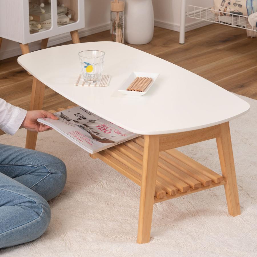 東谷 折りたたみ テーブル 幅90cm 棚付き 天然木 （ ローテーブル