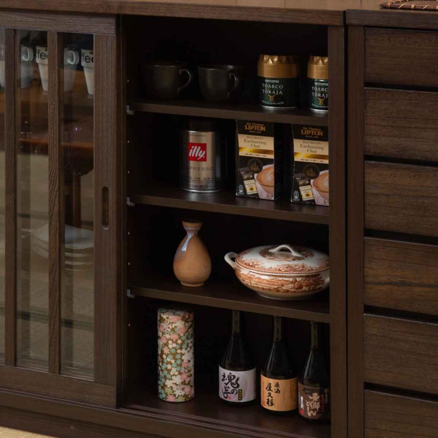 格子ガラス戸の食器棚 キャビネット 幅90.5cm ガラス引き戸 縦格子 和モダン調 日本製 完成品