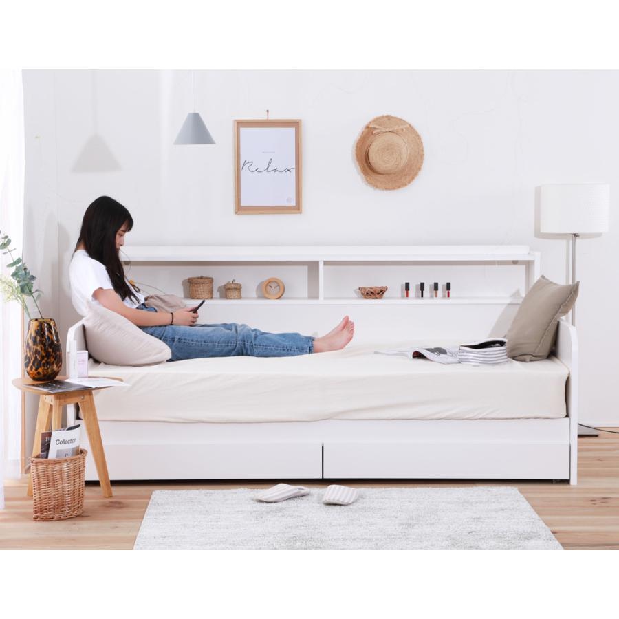 デイベッド シングル 棚付 引出し2杯 すのこ （ ソファベッド ベッド