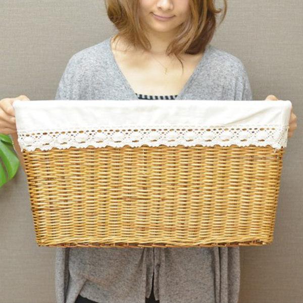 バスケット 天然素材 レース Lサイズ 収納 （ 幅51.5×奥行36.5×高さ28cm カゴ 布付き 手編み かご 持ち手付き 収納ケース 収納ボックス 長方形 小物収納 ）｜livingut｜04