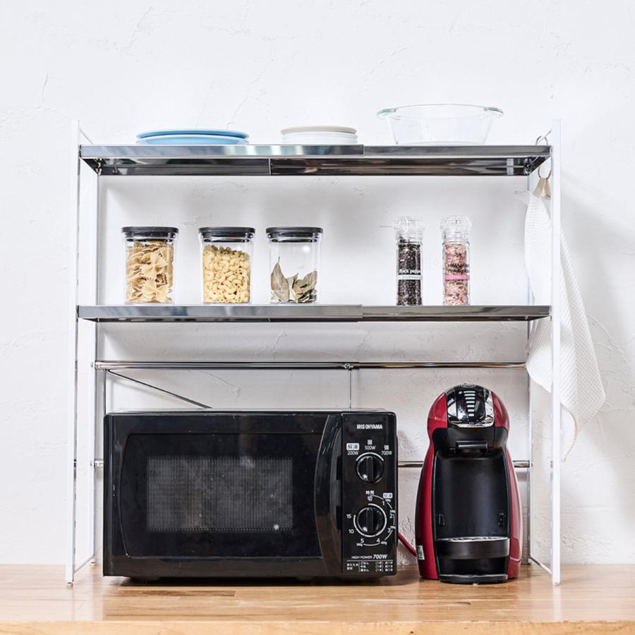 キッチンラック レンジ台 キッチン棚 電子レンジラック レンジラック 食器棚 レンジラック ステンレス棚カウンター上伸縮ラック 2段 （ 伸縮