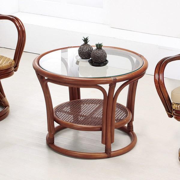 籐 ガラステーブル 丸テーブル ラタン製 直径58cm （ アジアン家具