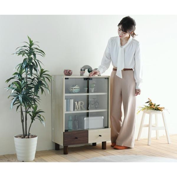 キャビネット 幅60cm ガラス扉 引出し付 ツートーン 積み重ね