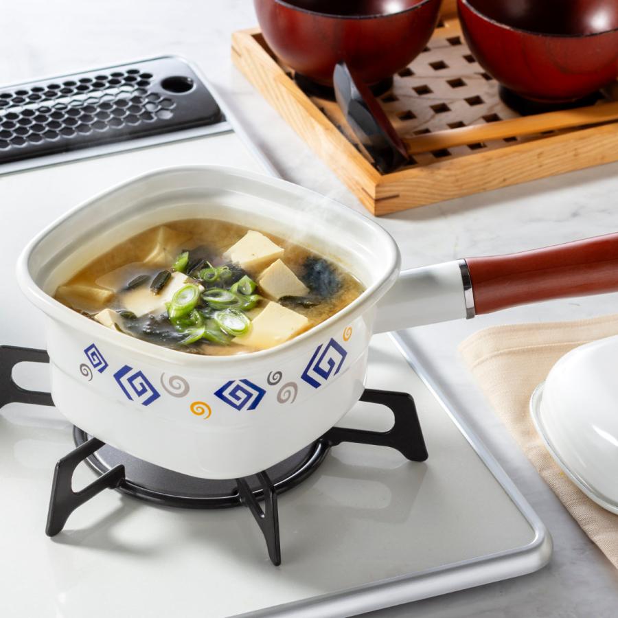 高木金属工業 角型片手鍋 14cm IH対応 ホーロー製 四角いお鍋 麺ごこち