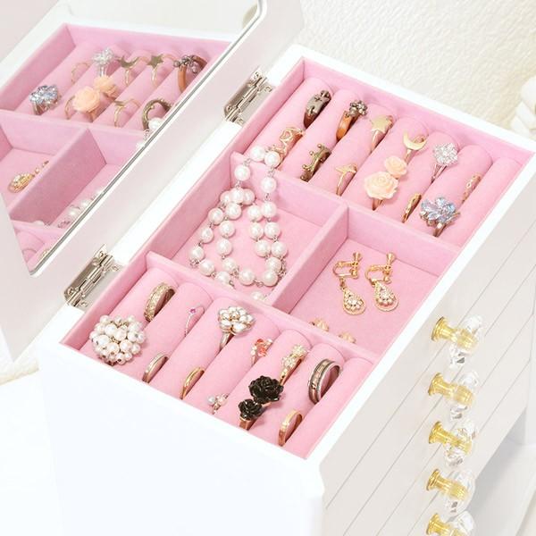 新品保管品　鏡付き　木製ジュエリーボックス 6段引き出し　アクセサリー収納 HAGiHARA（萩原） ジュエリーボックス 6段 ミラー付 クリア取っ手 幅