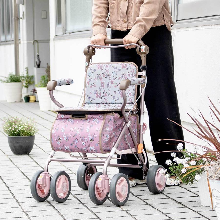 美品 シルバーカー エヴォーク 花柄 歩行器 高齢者介護 幸和製作所 幸和製作所 シルバーカー エヴォーク 小物入れ付き 座れる