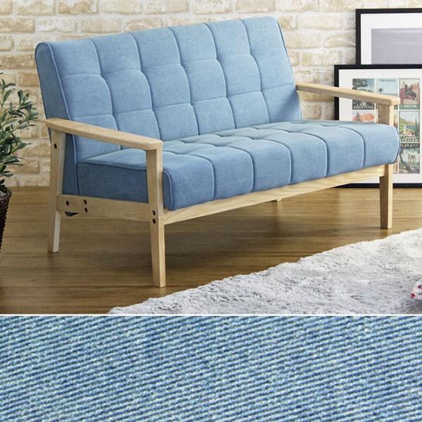 ソファ 2人掛け ウッドフレーム デニム生地 幅125cm （ ソファー 二人