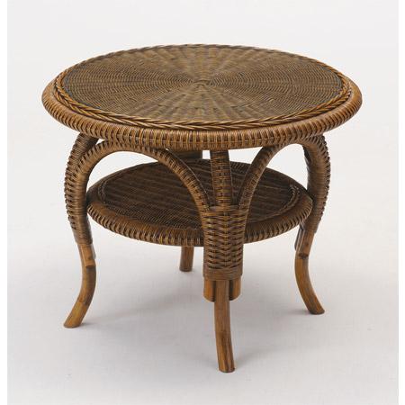 ラタンテーブル 円形 ガラス天板 ローテーブル 棚付 籐家具 直径60cm