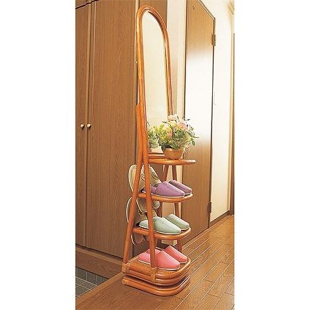 □在庫限り・入荷なし□籐(ラタン) 回転式姿見 スリッパラック付