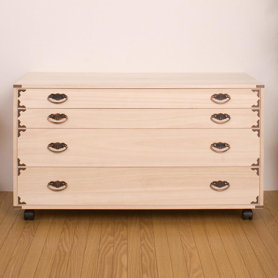 桐タンス着物収納4段隅金具付き 桐チェスト隅金具付き4段キャスター付 天然木 チェスト クローゼット