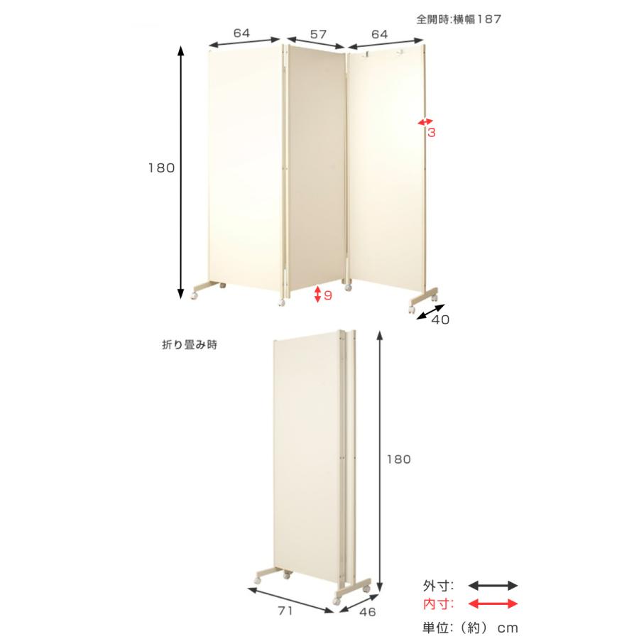 パーテーション キャスター付きパーテーション 3連 高さ180cm （ 自立 衝立 パーティション キャスター付 折りたたみ 部屋 仕切り 間仕切り ）｜livingut｜07